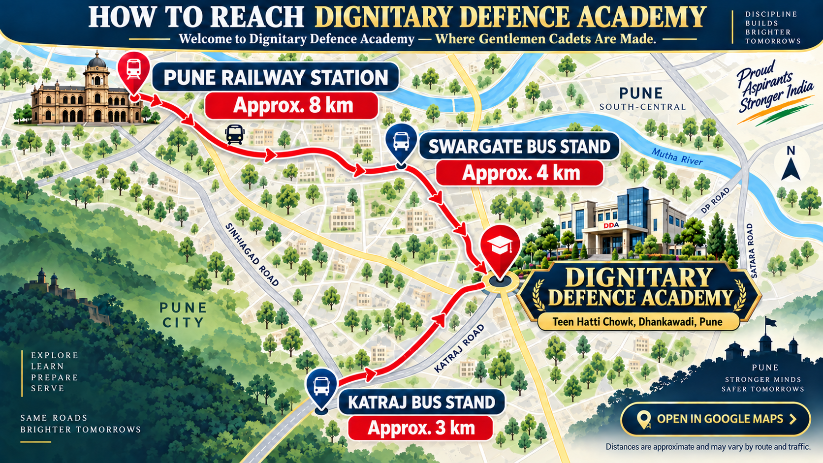 Illustrated routes from Pune Railway Station, Swargate Bus Stand and Katraj Bus Stand to Dignitary Defence Academy at Teen Hatti Chowk, Dhankawadi